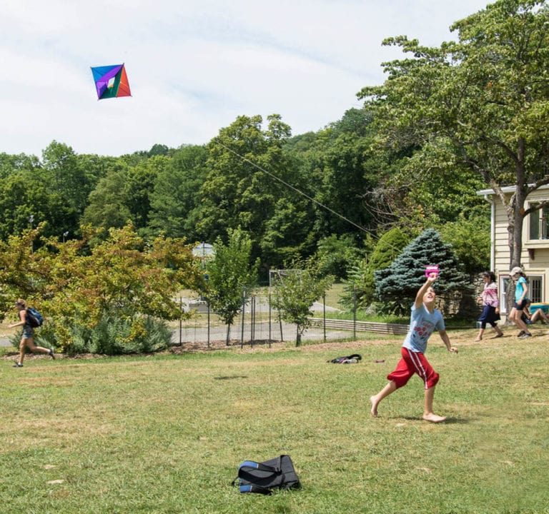 Person flying a colorful kite on a sunny day in a park.
