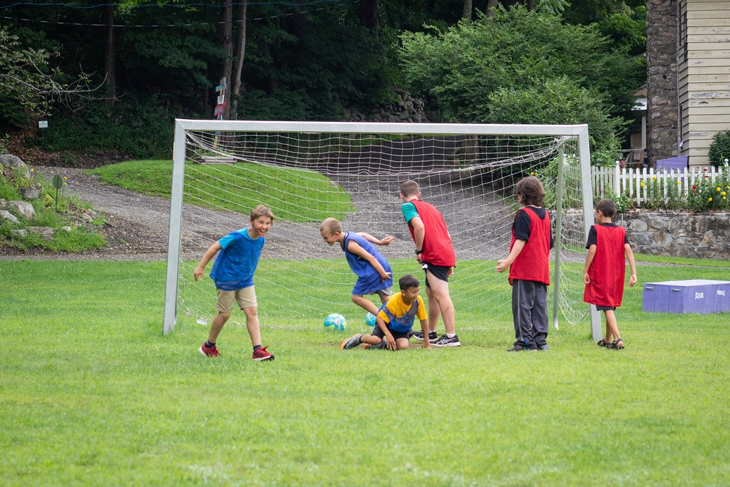 A group of children playing soccer on a grassy field.